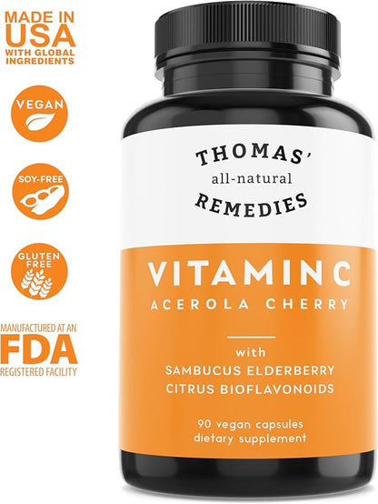 Thomas' all-natural Remedies Vitamin C with Organic Elderberry, Organic Citrus Bioflavonids - Whole Food Supplement - Non-GMO - Raw Vegan - 90 Capsules