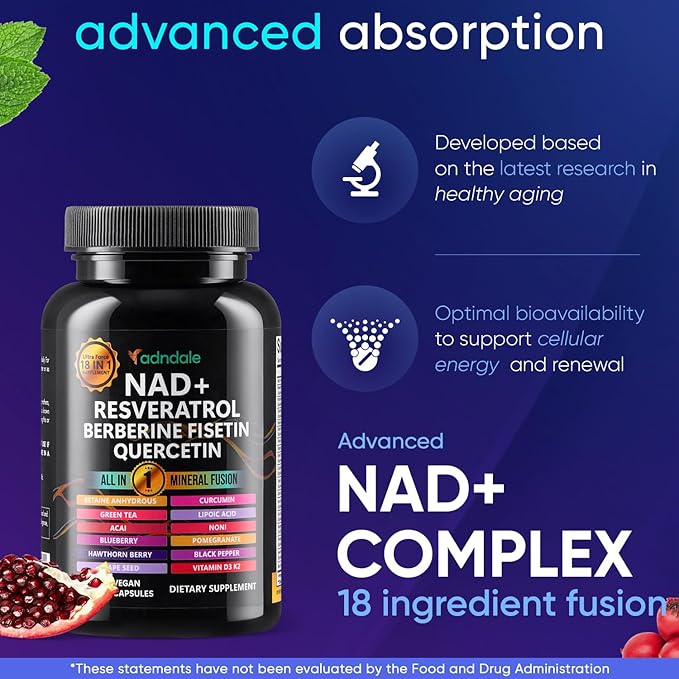 Adndale NAD Supplement. Longevity Formula with Liposomal NAD+, Trans Resveratrol, Quercetin, Berberine, Betaine Anhydrous, Grape Seed, Fisetin. NAD Resveratrol Supplement with Berberine 90 Capsules.
