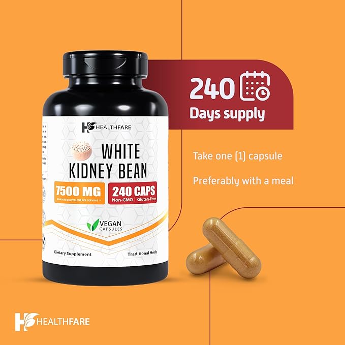 White Kidney Bean Extract Supplement, 7500mg | 240 Veg Capsules | 20x Concentrated | Non-GMO | Gluten-Free
