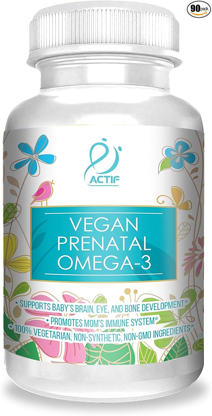 Actif Organic Vegan Prenatal Omega-3 with High Strength Algae Oil Formula, 100% Natural, Gluten-Free, Non-GMO, 90 Count