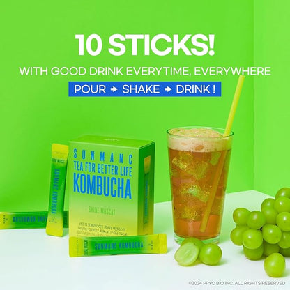SUNMANC Kombucha 10 packets, Sparkling Probiotic Fermented Drink, Convenient Powdered Drink Mix, Tea Powder, Low Calories, Sugar 0g, Low Caffeine (Shine Muscat)