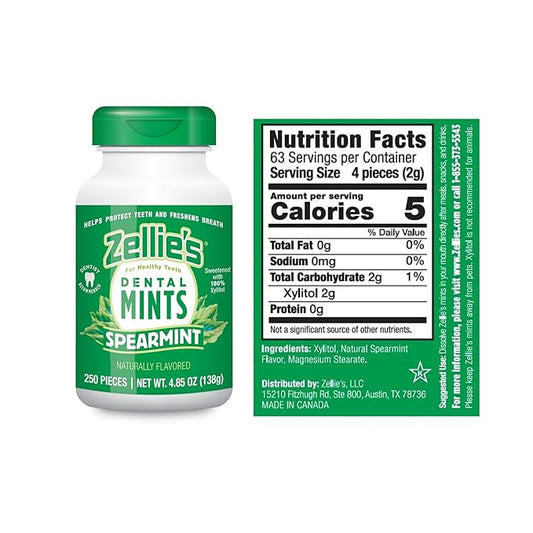 Zellie's | 100% Xylitol Spearmint Breath Mints | No Aspartame, Gluten Free, Vegan & Kosher Mints (250 Count - Pack of 1)