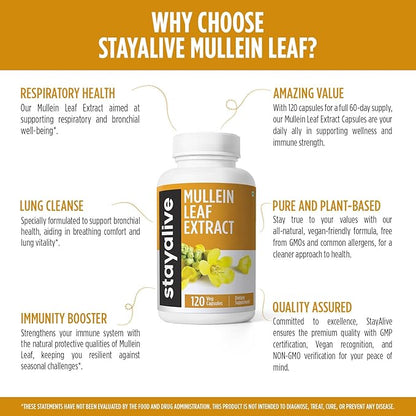 STAY ALIVE Mullein Leaf Extract 1000mg, 10:1 Extra Strength, 120 Vegan Mullein Capsules, All Natural, 100% Pure Leaves Powder, 2 Month Supply, Non-GMO and Gluten-Free Supplement