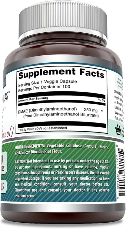 Amazing Formulas DMAE Supplement | 250 Mg | Veggie Capsules | Non-GMO | Gluten-Free | Made in USA (1 Pack, 100 Count)