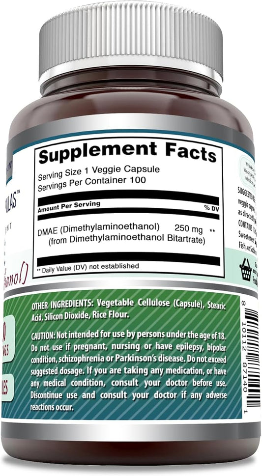 Amazing Formulas DMAE Supplement | 250 Mg | Veggie Capsules | Non-GMO | Gluten-Free | Made in USA (1 Pack, 100 Count)