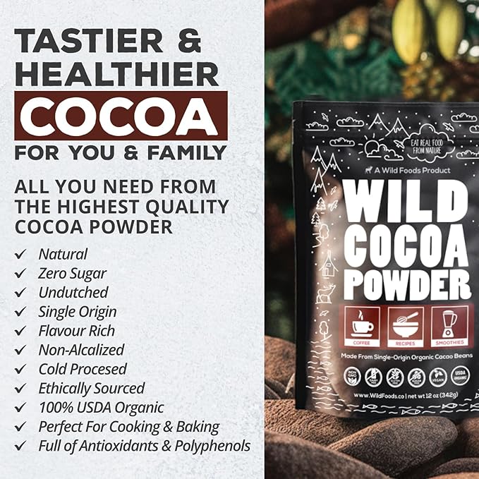 Wild Foods Organic Cocoa Powder | Single Origin Unsweetened Keto Chocolate Powder for Cooking & Baking | 100% Natural Cacao Beans | Sugar Free Non Dutch Raw Superfood | 12 oz