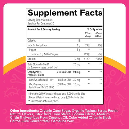 SmartyPants Kids Probiotic & Prebiotic Gummies for Digestive Health: Gut Health Supplement, Clinically Studied Prebiotic for Immune Support, Grape, 60 Count (30 Day Supply)