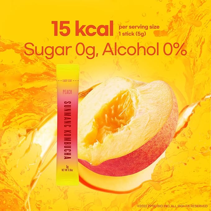 SUNMANC Kombucha 10 packets, Sparkling Probiotic Fermented Drink, Convenient Powdered Drink Mix, Tea Powder, Low Calories, Sugar 0g, Low Caffeine (Peach)