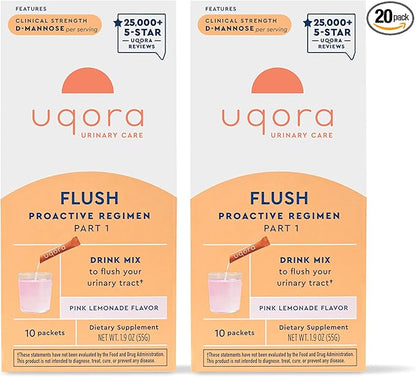Uqora Flush - Urinary Tract* with D-Mannose, Vitamin C, Vitamin B6, Potassium, Magnesium & Calcium - Gluten-Free & Vegan - Pink Lemonade Flavor - 20 Packets (2 Pack)