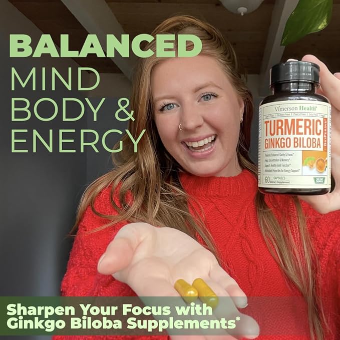 Turmeric Curcumin Supplement with Ginkgo Biloba & Black Pepper – Natural Turmeric Supplement with Organic Tumeric for Joint Support, Brain Clarity, Focus & Memory – Vegan, 180 Ginko Biloba Capsules
