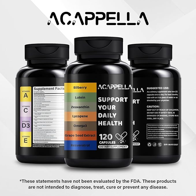 ACAPPELLA Bilberry Lutein Zeaxanthin Lycopene Omega-3 Grape Seed Extract Resveratrol Capsule Bilberry Supplement for Eyes with Multivitamins (1)