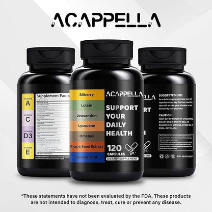 ACAPPELLA Bilberry Lutein Zeaxanthin Lycopene Omega-3 Grape Seed Extract Resveratrol Capsule Bilberry Supplement for Eyes with Multivitamins (1)