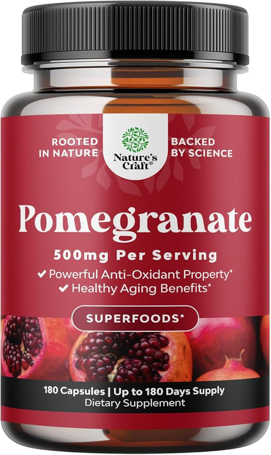 Advanced Antioxidant Superfood Pomegranate Supplement - Natural Pomegranate Extract Polyphenols Supplement for Heart Health and Joint Support - Reds Superfood Powder Capsules for Men and Women 180ct