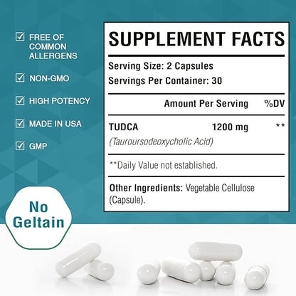 TUDCA Supplement 1200mg - 60 Veggie Capsules,Powerful TUDCA Bile Salts Supplements for Liver,Digestion