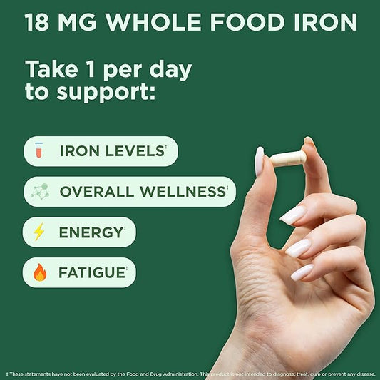 Yuve 100% Vegan Whole Food Chelated Iron Supplement 18mg – Tasteless, Non-Constipating, Gentle on Stomach, Energy Support – Gluten-Free, Non-GMO, 60 Capsules