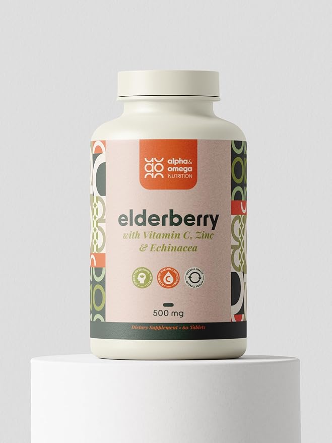 Alpha & Omega Nutrition Elderberry 500mg, with Vitamin C, Zinc and Echinacea, Supports Health Immune System, Antioxidant Protection, Non GMO, 60 Tablets, 2 Month Supply
