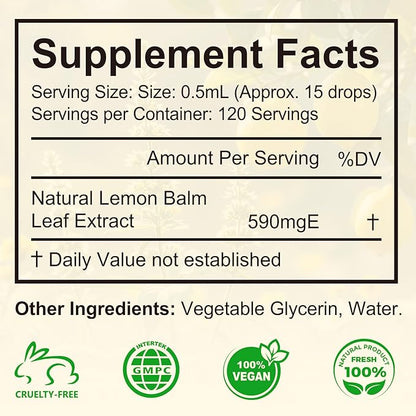 Organic Lemon Balm Extract Drops, Organic Lemon Balm Tincture, Digestive Relief & Anti-Bloat Support, Alcohol-Free, Vegan, Non-GMO, Gluten-Free - 60ml (2PCS)