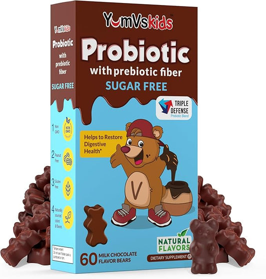 YumVs Probiotics for Kids with Prebiotic Fiber Sugar Free Chocolate Chewable Supplements - Dietary Supplement Chewables for Digestive Health - Toddlers, Kids & Teens 60 Count
