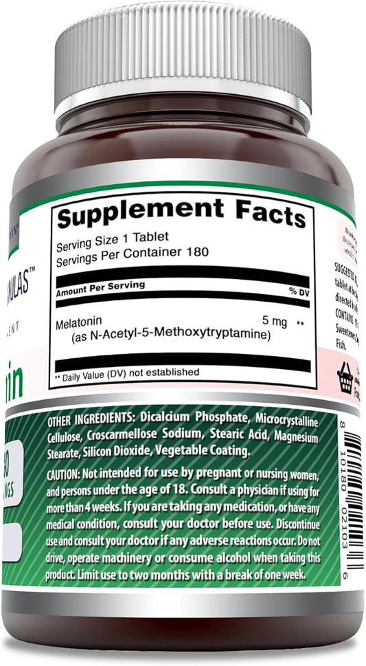 Amazing Formulas Melatonin Supplement | Unflavored | 5 Mg | 180 Tablets | Non-GMO | Gluten Free | Made in USA