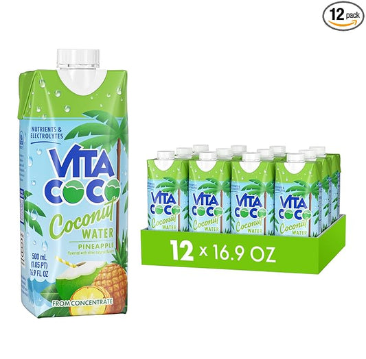 Vita Coco Coconut Water Naturally Hydrating Electrolyte Drink Smart Alternative to Coffee Soda and Sports Drinks Gluten Free, Pineapple, 16.9 Fl Oz (Pack of 12), 202.8 Fl Oz