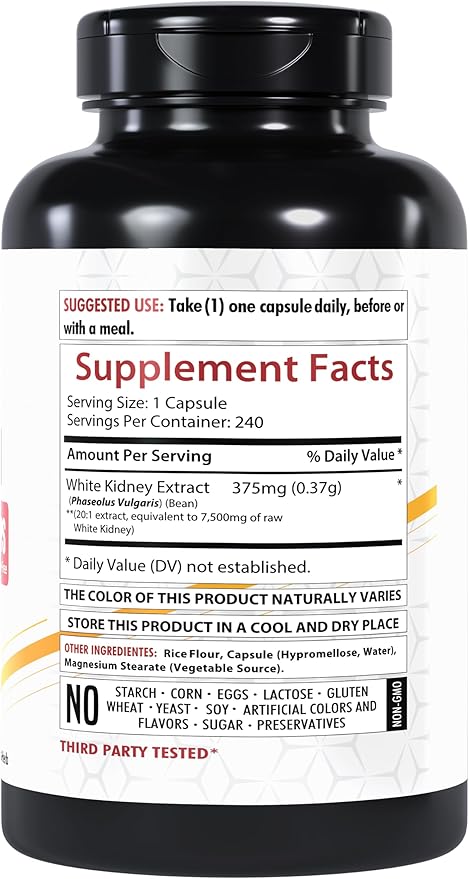 White Kidney Bean Extract Supplement, 7500mg | 240 Veg Capsules | 20x Concentrated | Non-GMO | Gluten-Free