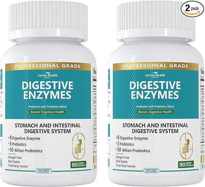 800mg Digestive Enzymes for Men and Women with Probiotics & Prebiotics, 8 Key Enzymes, Protease, Amylase & Lipase | 180 Capsules - A 60-Day Supply for Bloating & Gas Relief - Non-GMO