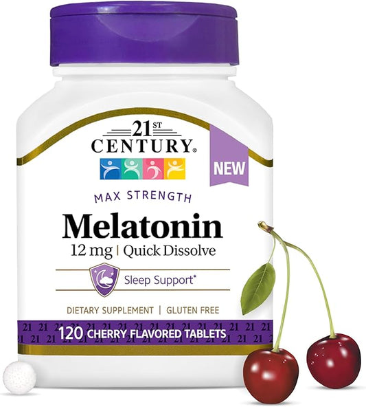 21st Century Melatonin 12 mg Quick Dissolve Max Strength Tablets, (120 Count) Sleep Aid for Adults, Cherry Flavored Sleep Supplement, Gluten-Free, No Artificial Colors or Preservatives