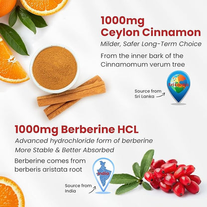 Sugar Free Ceylon Cinnamon Berberine Gummies 2000mg Max Strength Complex Supplement with Bitter Melon, Chromium & Magnesium Glycinate, Organic Berberine HCL Cinnamon Gummy Supplements, Vegan, 120Cts