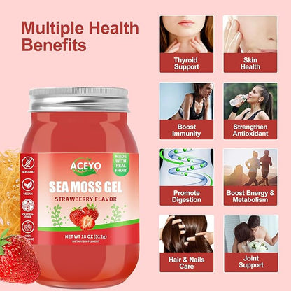 ACEYO (18 OZ) Irish Sea Moss Gel Raw Vegan Strawberry Flavor 102 Vitamins and Minerals Wild Harvested Non-GMO Immune Defense Booster Thyroid Digestive Support