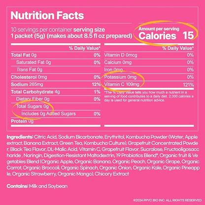 SUNMANC Kombucha 10 packets, Sparkling Probiotic Fermented Drink, Convenient Powdered Drink Mix, Tea Powder, Low Calories, Sugar 0g, Low Caffeine (Grapefruit)