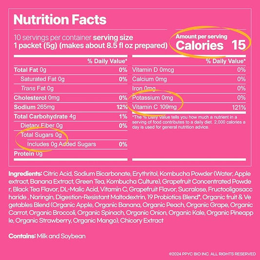 SUNMANC Kombucha 10 packets, Sparkling Probiotic Fermented Drink, Convenient Powdered Drink Mix, Tea Powder, Low Calories, Sugar 0g, Low Caffeine (Grapefruit)