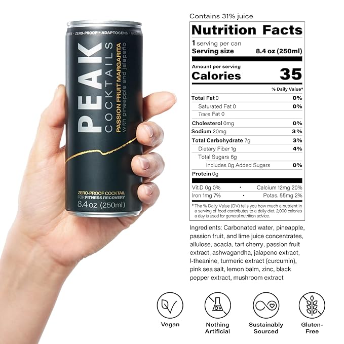 Peak Cocktails Non-Alcoholic Cocktail | Mixologist-made | Adaptogens, Nootropics, Superfoods for Recovery, Calm, Sleep | Ashwagandha, Tart Cherry, L-Theanine | Passion Fruit Margarita | 8.4oz, 24-Pack