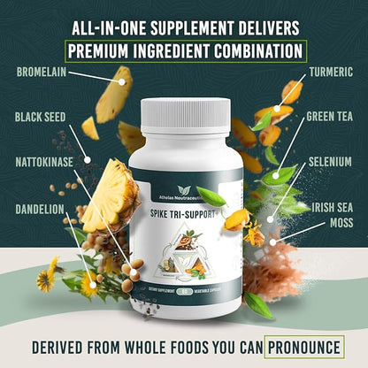 Spike Tri-Support+ with Nattokinase, Bromelain, and Turmeric - Includes Dandelion Extract, Black Seed Extract, Green Tea Leaf, Selenium for A Full Spectrum Spike Support Supplement
