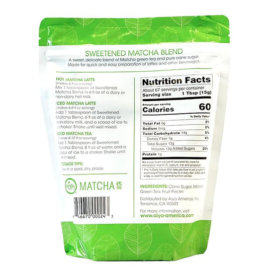 Aiya Sweetened Matcha Blend Powder - Matcha Latte Powder With Antioxidant-Rich Japanese Green Tea & Pure Cane Sugar - Ideal for Smoothies, Lattes, and Culinary Creations - 1kg Bag (2.2 lbs)