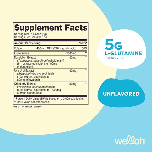 Wellah L-Glutamine Powder Unflavored (50 Servings) - 5g L-Glutamine Per Serving, Sweetened with Stevia
