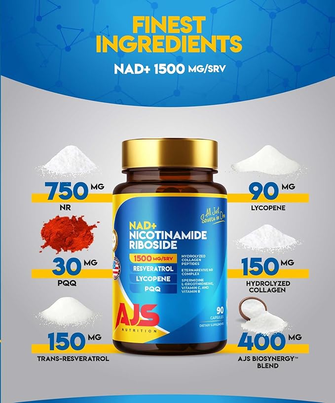 AJS NAD+ Cellular Energy – NR Supplement with PQQ, Resveratrol, Lycopene, Spermidine, L-Ergothioneine, and Collagen Peptides – 90 Capsules for Cellular Support