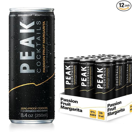 Peak Cocktails Non-Alcoholic Cocktail | Mixologist-made | Adaptogens, Nootropics, Superfoods for Recovery, Calm, Sleep | Ashwagandha, Tart Cherry, L-Theanine | Passion Fruit Margarita | 8.4oz, 12-Pack