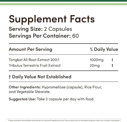 Tongkat Ali - 1000mg (2 Month Supply) - Men's Health - 200:1 Extract of (Longjack) Eurycoma Longifolia, with 20mg Tribulus Terrestris (Third Party Tested) by Double Wood