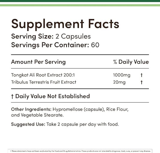Tongkat Ali - 1000mg (2 Month Supply) - Men's Health - 200:1 Extract of (Longjack) Eurycoma Longifolia, with 20mg Tribulus Terrestris (Third Party Tested) by Double Wood