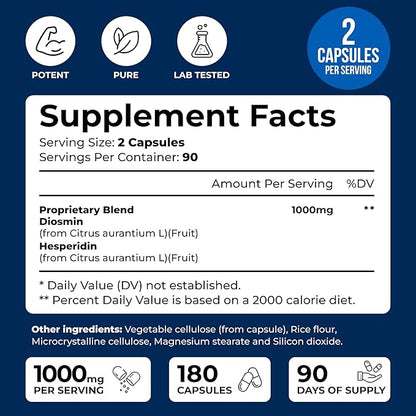 We Like Vitamins Diosmin Hesperidin 1000mg – 180 Capsules – 90 Day Supply - Diosmin and Hesperidin Supplement – Helps to Support Healthy Circulation, Veins, Capillaries, and Lymphatic Drainage