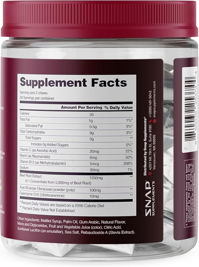 Snap Supplements Heart Beets Organic Beet Root Soft Chews, Cardiovascular Support Supplement for Men & Women, CoQ10 & Red Spinach, Heart Health & Circulation Support, Sugar Free, Mixed Berry, 60 Chews