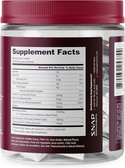 Snap Supplements Heart Beets Organic Beet Root Soft Chews, Cardiovascular Support Supplement for Men & Women, CoQ10 & Red Spinach, Heart Health & Circulation Support, Sugar Free, Mixed Berry, 60 Chews