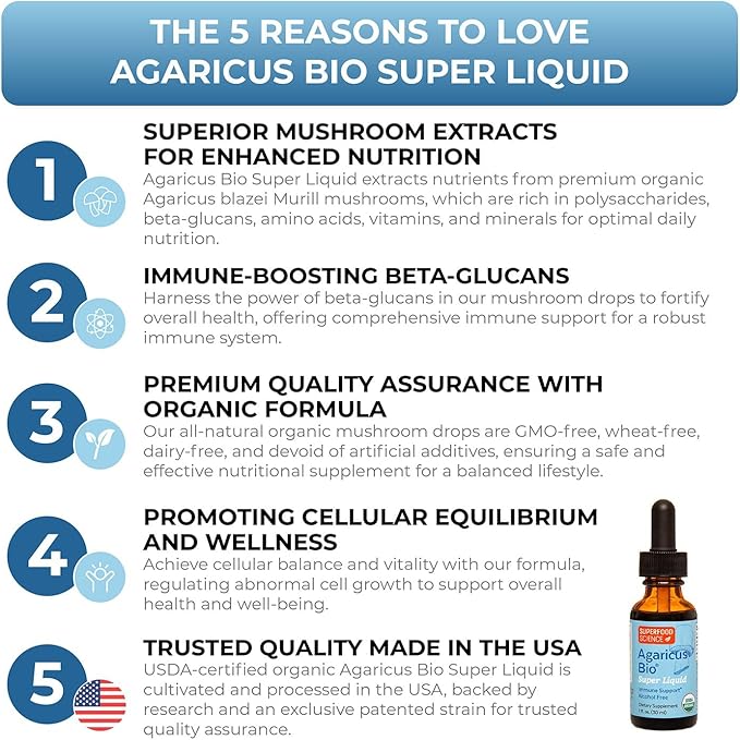 Agaricus Bio Super Liquid, Natural Killer Cell Activity, Organic Mushroom Extract, Agaricus Blazei Murill Mushroom, Tincture Drops with High Beta Glucans, Liver and Immune Support Supplement, 30 ml
