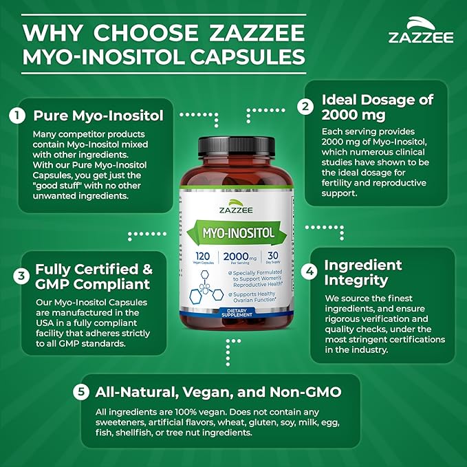 Zazzee Myo-Inositol Capsules, 2000 mg per Serving, 120 Vegan Capsules, Ideal Dosage for 40:1 Ratio, 100% Vegetarian, Hormone Balance & Healthy Ovarian Function Support, All-Natural and Non-GMO