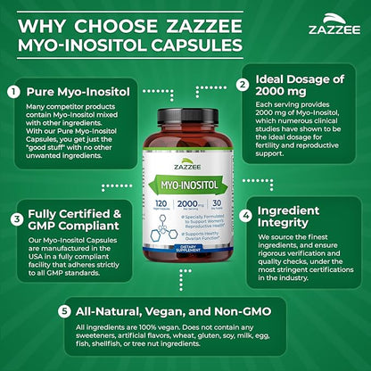 Zazzee Myo-Inositol Capsules, 2000 mg per Serving, 120 Vegan Capsules, Ideal Dosage for 40:1 Ratio, 100% Vegetarian, Hormone Balance & Healthy Ovarian Function Support, All-Natural and Non-GMO