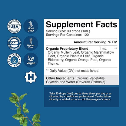 USDA Organic Mullein Drops for Lungs - Herbal Lung Detox & Cleanse with Marshmallow Root Extract & Plantain Leaf for Respiratory Lung Health - Mullein Leaf Tincture Drops Breathing Support - 2 Pack