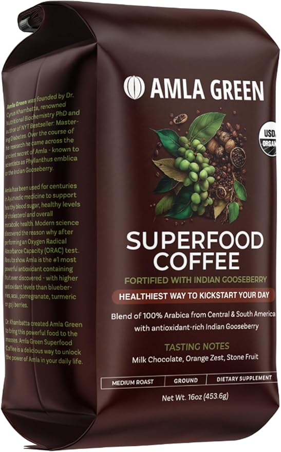 Amla Green Organic Ground Superfood Coffee, Medium Roast Gourmet Coffee with Antioxidant Rich Indian Gooseberry, 100% Arabica Specialty Coffee, 16 Oz