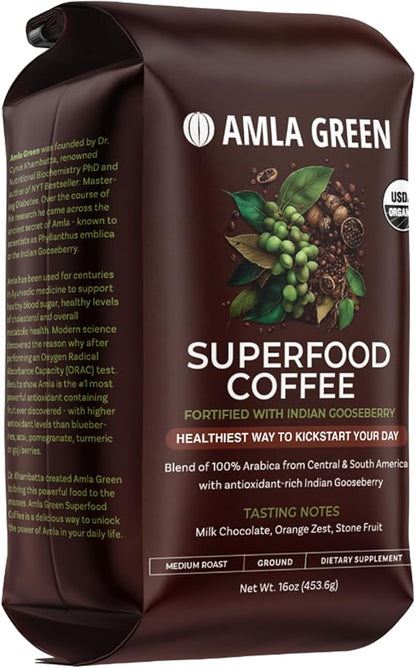 Amla Green Organic Ground Superfood Coffee, Medium Roast Gourmet Coffee with Antioxidant Rich Indian Gooseberry, 100% Arabica Specialty Coffee, 16 Oz
