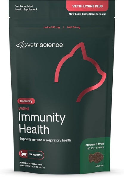 VetriScience Lysine Immunity Health Chews, 250 mg Lysine Plus Immune Supplement for Cats and Kittens with Allergies, Sneezing, Runny Nose and Watery Eyes, Chicken, 120 Count