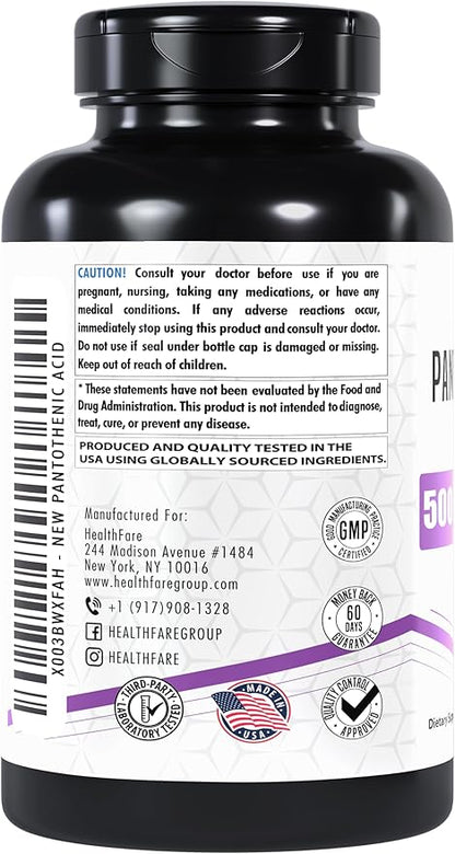 Pantothenic Acid 500mg | 200 Veg Capsules | Supports Energy Levels | Skin & Hair Health | Non-GMO | Made in The USA